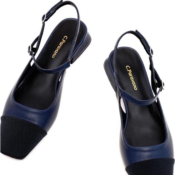 C.Paravano Navy Leather Square Toe Slingback Flats - Picture 2 of 9